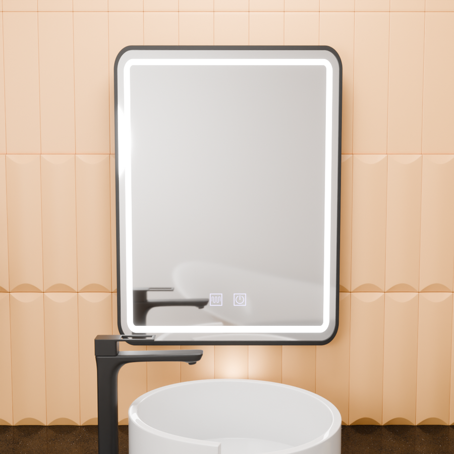 Négyszögletű LED-es tükör, 50x70 cm, EDGE Touch, páramentesítő rendszer, fekete keretes tükrök Korman E alapértelmezett cím Alessandro Design