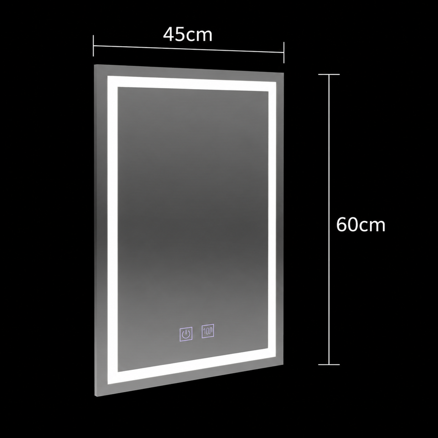 Négyszögletű LED-es tükör, 45x60cm, RADIANTE Touch, Páramentesítő rendszer, Tompítható