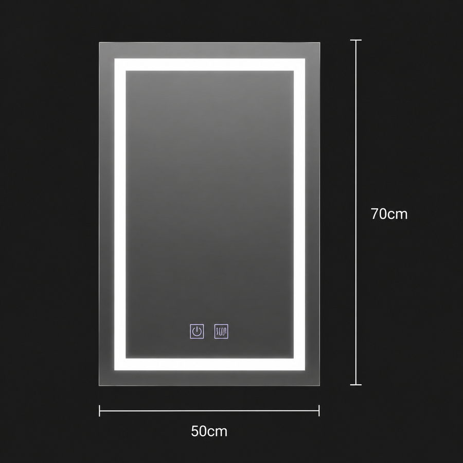 Négyszögletű LED tükör, 50x70cm, RADIANTE Touch, Páramentesítő rendszer, Tompítható