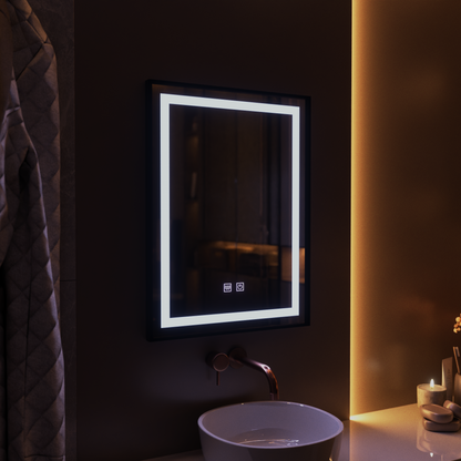 Négyszögletű LED tükör, 60x80cm, EDGE Touch, Páramentesítő rendszer, Fekete keret