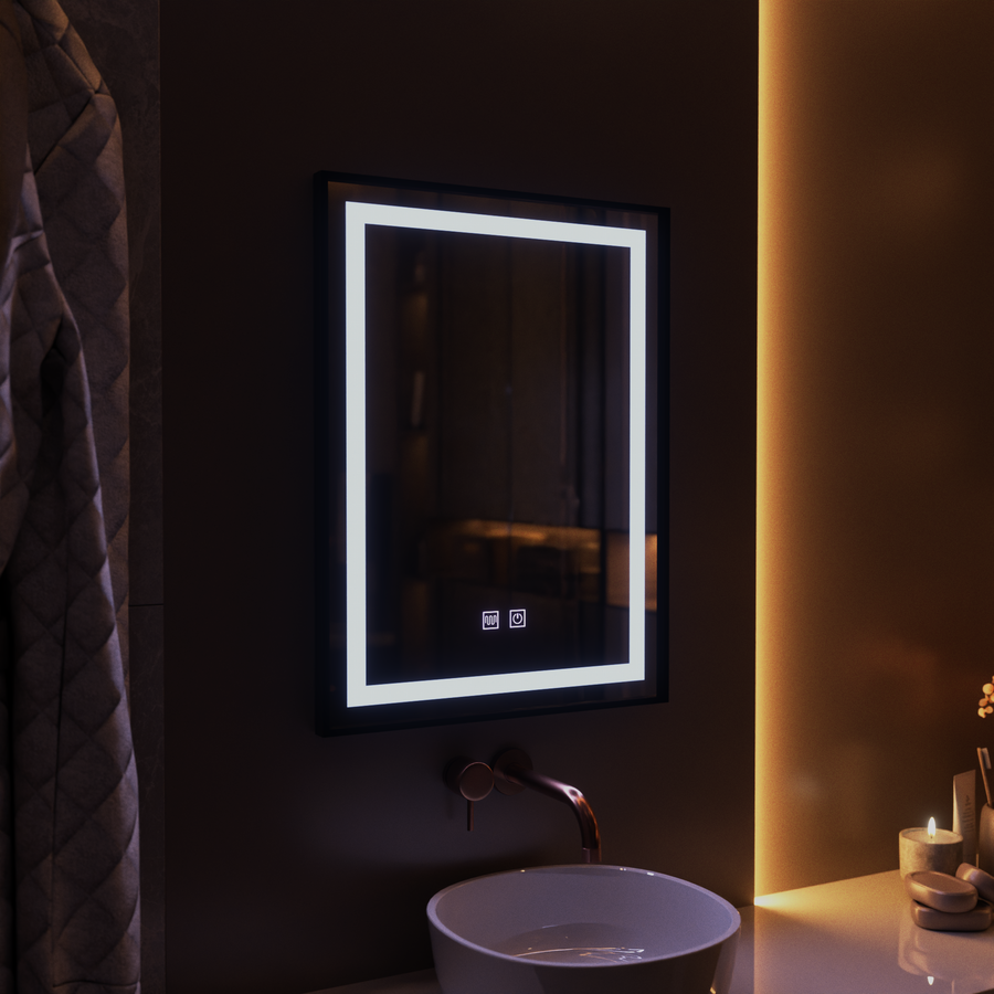Négyszögletű LED tükör, 60x80cm, EDGE Touch, Páramentesítő rendszer, Fekete keret