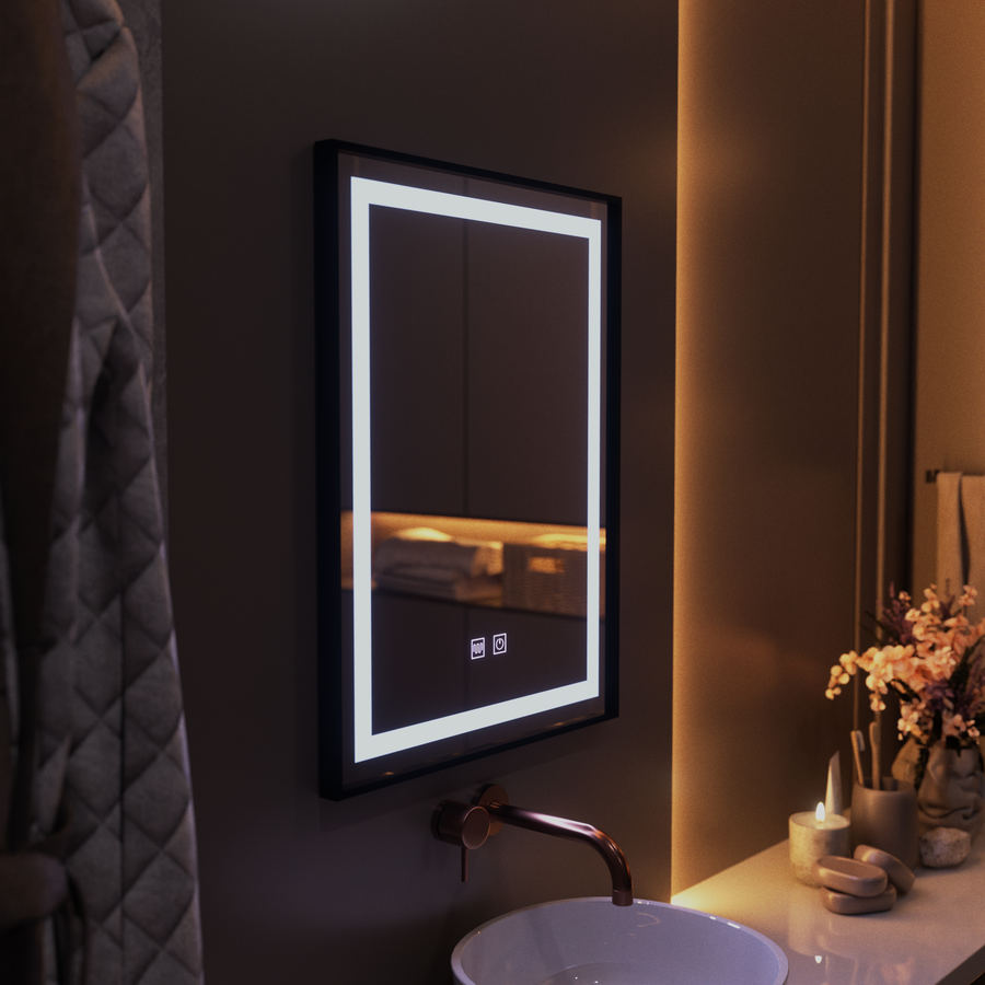 Négyszögletű LED tükör, 60x80cm, EDGE Touch, Páramentesítő rendszer, Fekete keret