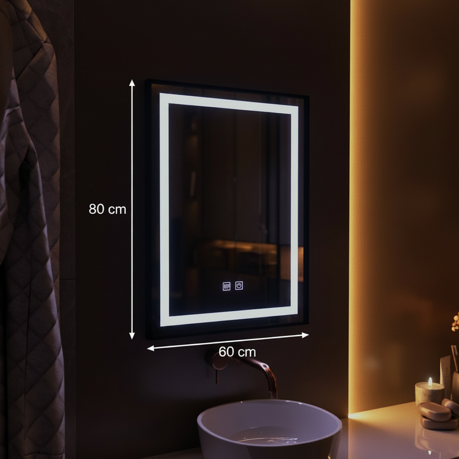 Négyszögletű LED tükör, 60x80cm, EDGE Touch, Páramentesítő rendszer, Fekete keret
