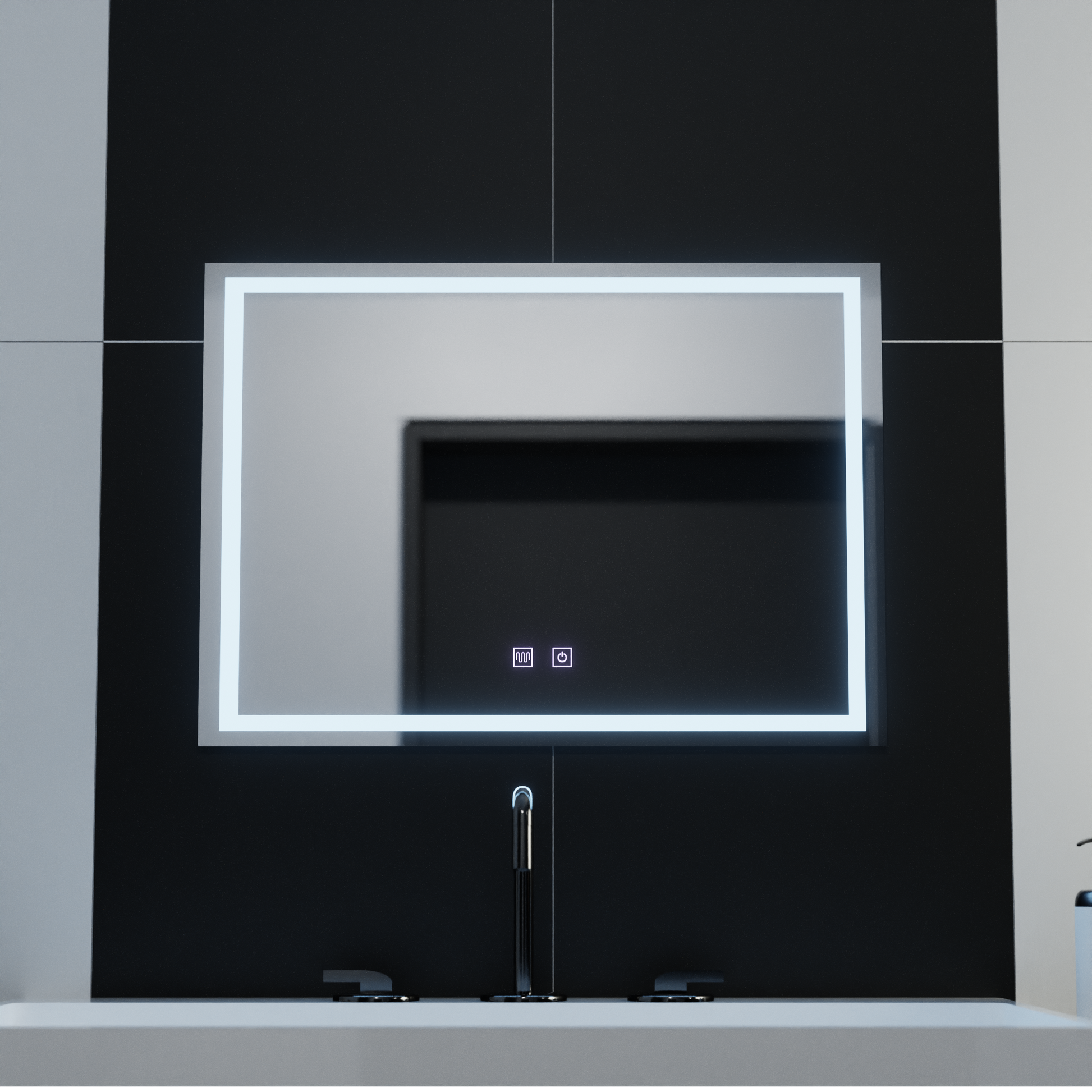 Négyszögletű LED-es tükör, 70x50cm, RADIANTE Touch, páramentesítő rendszer, szabályozható fürdőszobai tükör LED-del és páramentesítővel, alapértelmezett cím Alessandro Design