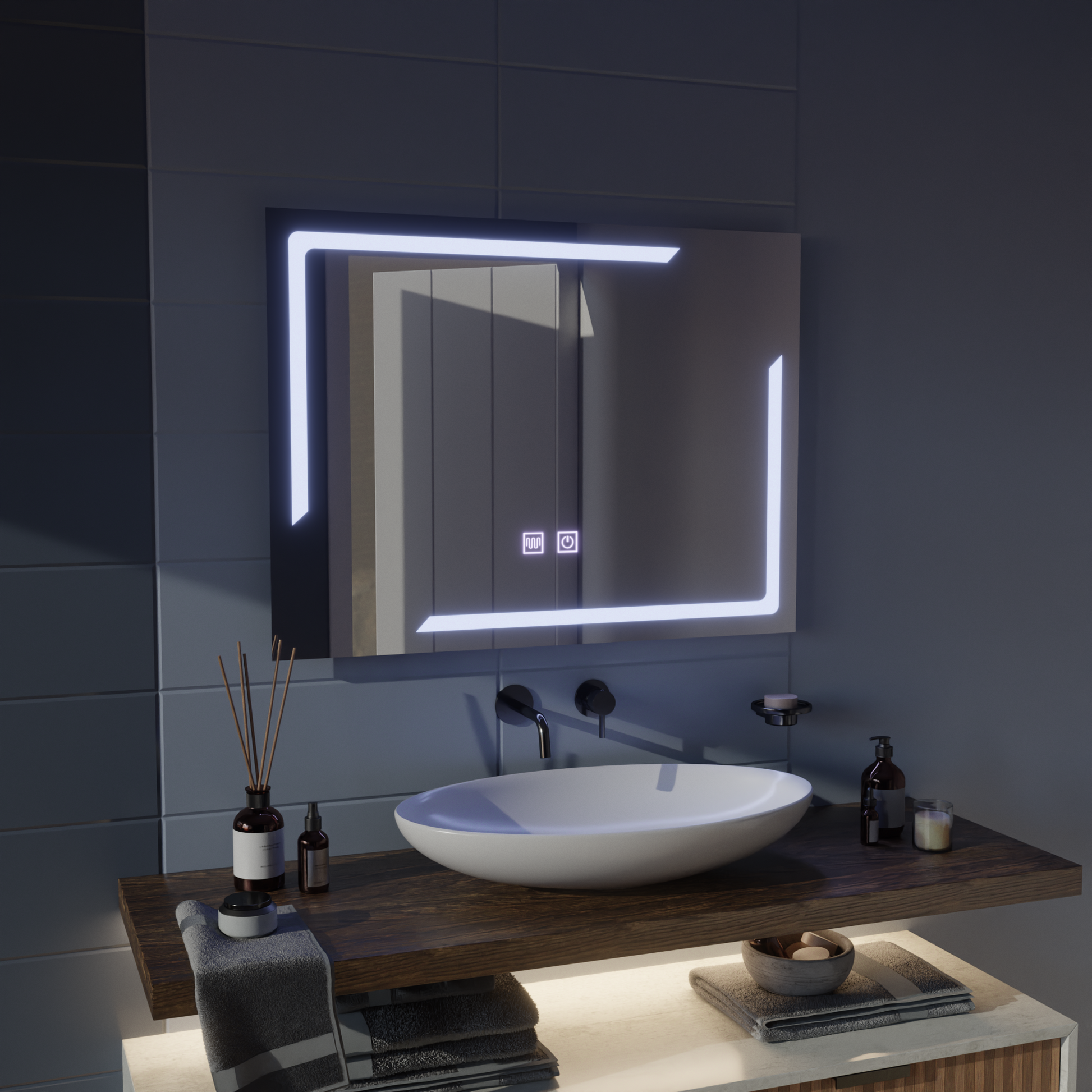 Négyszögletű LED-es tükör, 80x60 cm, ECLISSA Touch, páramentesítő rendszer, szabályozható tükrök Korman E alapértelmezett cím Alessandro Design