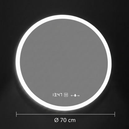 GIULIA kerek LED-es tükör, 70 cm, MotionGlow érzékelő, páramentesítő rendszer, óra és hőmérő, szabályozható, Marcello Funghi
