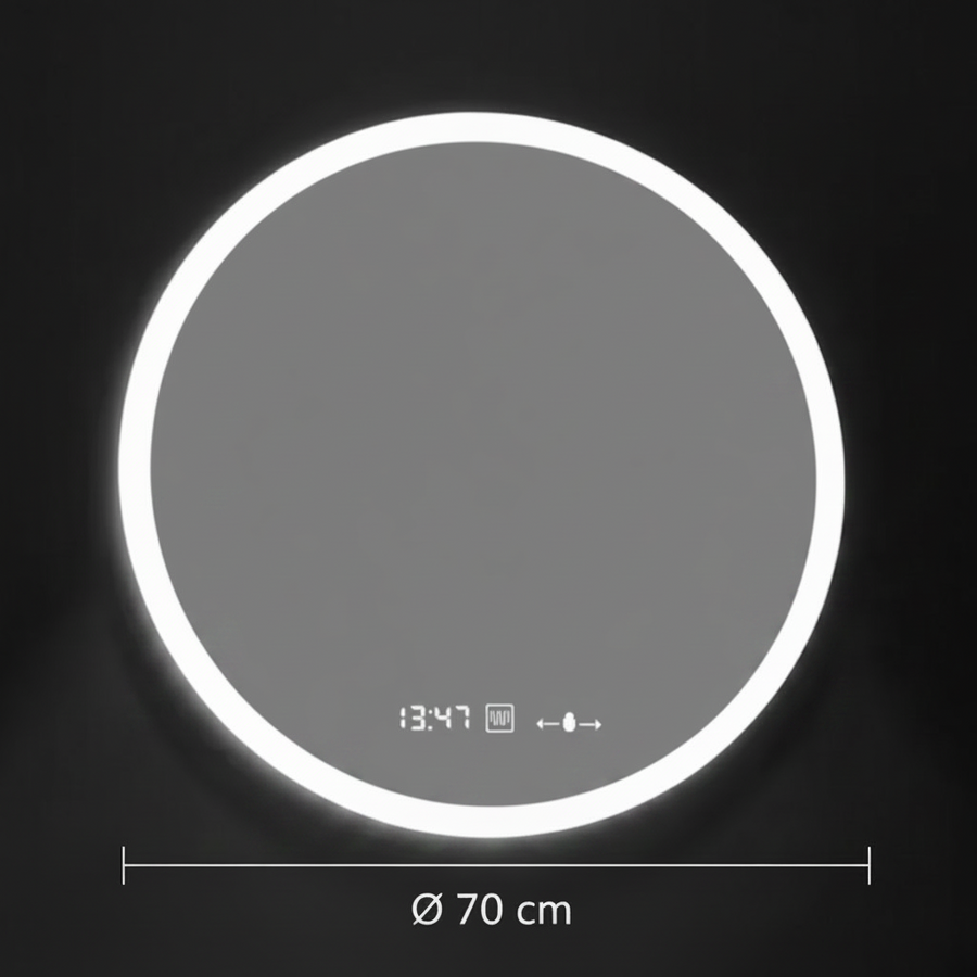 GIULIA kerek LED-es tükör, 70 cm, MotionGlow érzékelő, páramentesítő rendszer, óra és hőmérő, szabályozható, Marcello Funghi