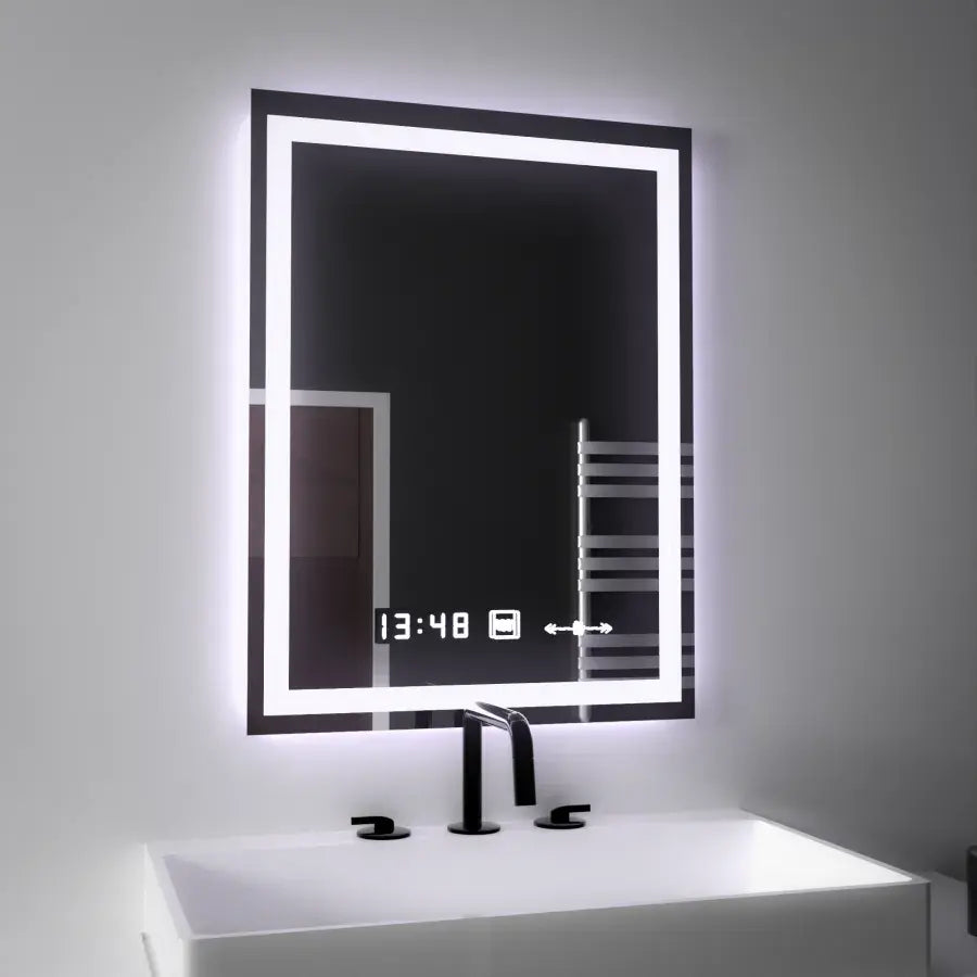 Négyszögletű LED tükör, 45x60 cm, Verite MotionGlow Marcello, páramentesítő rendszer, óra és hőmérő, szabályozható tükrök Marcello alapértelmezett cím Alessandro Design