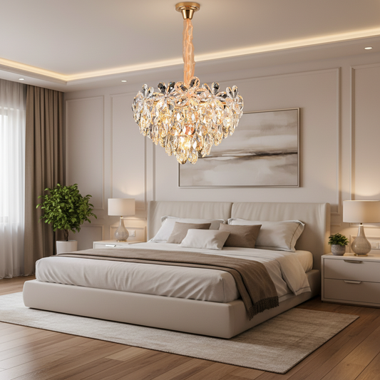 Candelabru Cristal, Eleganza 7xE14, Diametru 40cm, Auriu Lucios, Inaltime Reglabila, Metal si Cristal Candelabre Cristal Default Title Alessandro Design