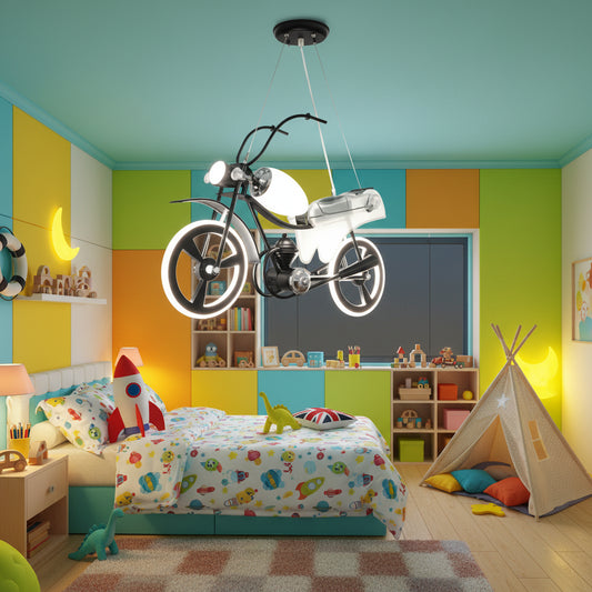 Lustra LED pentru copii MOTO, Tip motocicleta, 40W, Lumina Rece/Calda/Neutra, Negru Alb Lustre Copii Default Title Alessandro Design