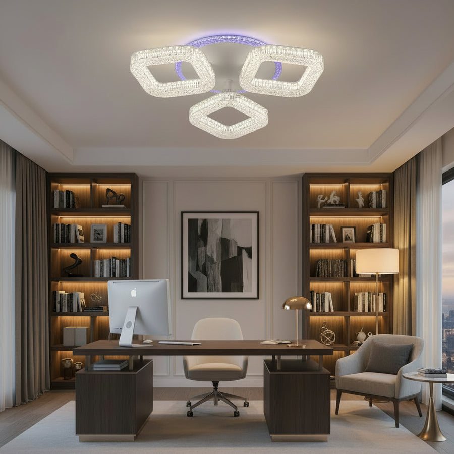 Lustra LED RENATO Nobile cu telecomanda si cristal,  39W, 3 Patrate, Lumina Rece/Calda/Neutra, Dimabila, Alb