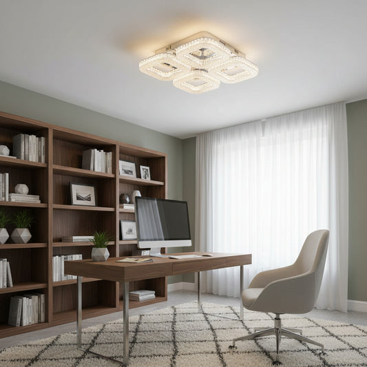 Lustra LED RENATO Nobile cu telecomanda si cristal,  54W, 4 Patrate, Lumina Rece/Calda/Neutra, Dimabila, Alb