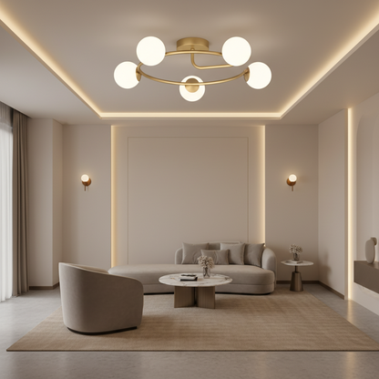 Lustra LED si cristal ORBIT, 72cm, 5xE27, Globuri, Auriu