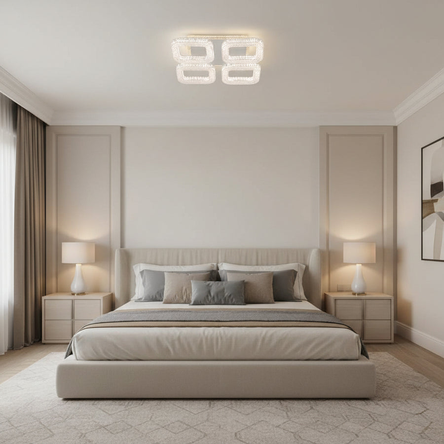 Lustra LED RENATO Nobile cu telecomanda si cristal,  54W, 4 Patrate, Lumina Rece/Calda/Neutra, Dimabila, Alb