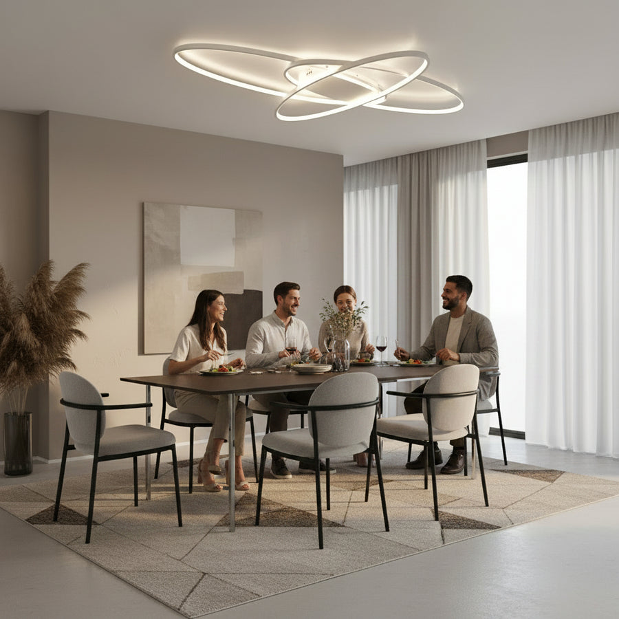 Lustra LED cu telecomanda COSMEE 84W, 3 Petale, Lumina Rece/Calda/Neutra, Dimabila, Alb, Metal si Acril