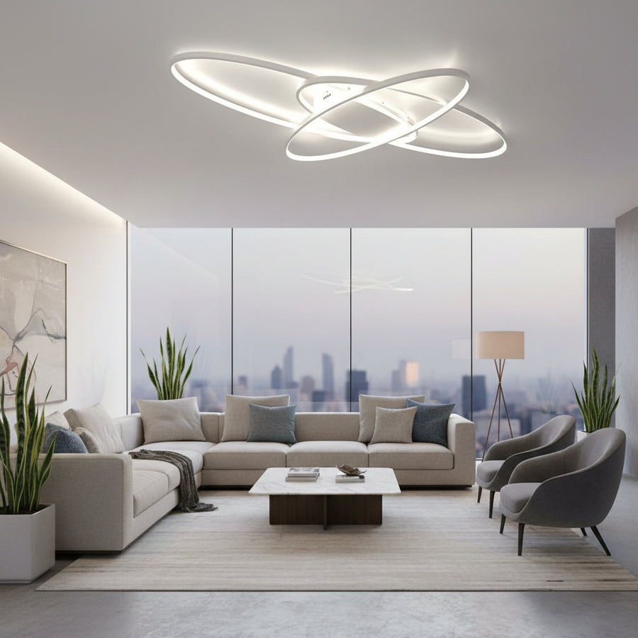 Lustra LED cu telecomanda COSMEE 84W, 3 Petale, Lumina Rece/Calda/Neutra, Dimabila, Alb, Metal si Acril