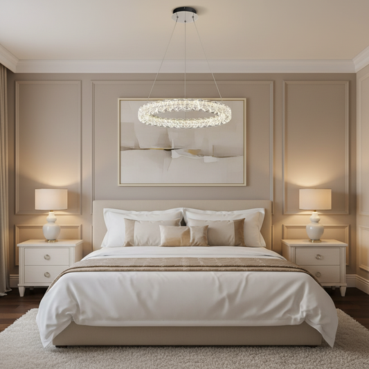 Lustra LED Cristal VENTANA cu telecomanda, 25W, Lumina Calda/Neutra/Rece, Φ39 cm, Inaltime Reglabila, Metal si Cristal, Auriu