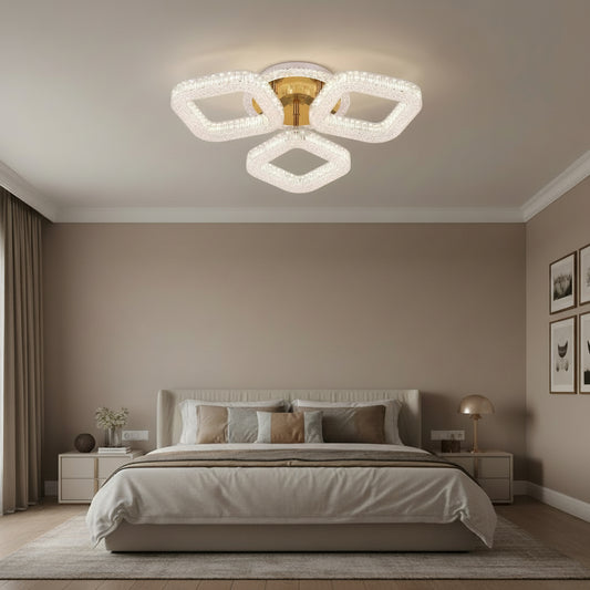 Lustra LED RENATO Nobile cu telecomanda si cristal,  39W, 3 Patrate, Lumina Rece/Calda/Neutra, Dimabila, Auriu