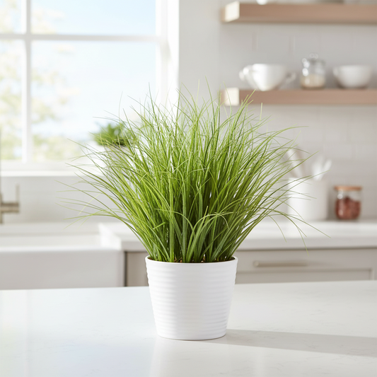 Planta Artificială Tufă de Iarbă Tip Ceapă cu frunze Curbate, 38 cm, Verde, Fără Ghiveci