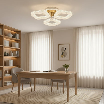 Lustra LED RENATO Nobile cu telecomanda si cristal,  39W, 3 Patrate, Lumina Rece/Calda/Neutra, Dimabila, Auriu