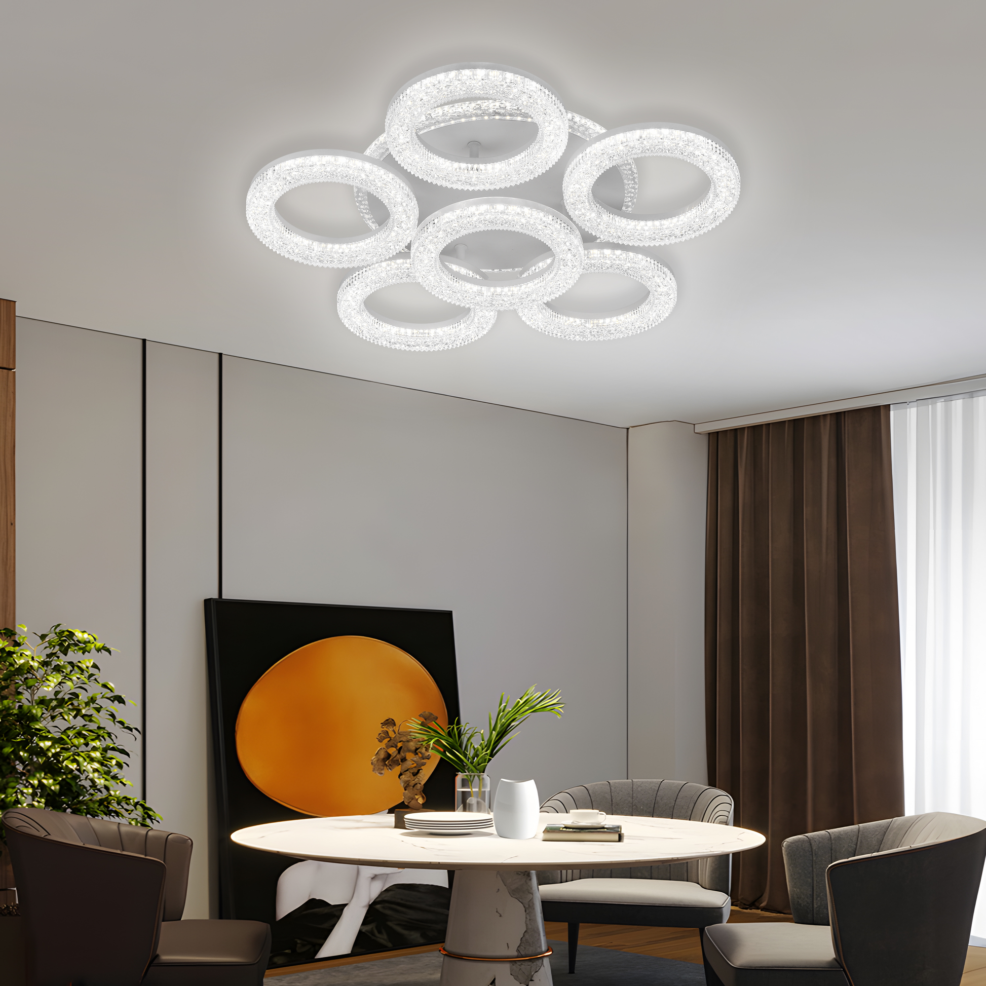 FREJA LED csillár távirányítóval, 51 cm, 90 W, 3000K/4000K/6000K, szabályozható, fehér, kristályok, 6 kör LED-csillárok távirányítóval Alapértelmezett cím Alessandro Design