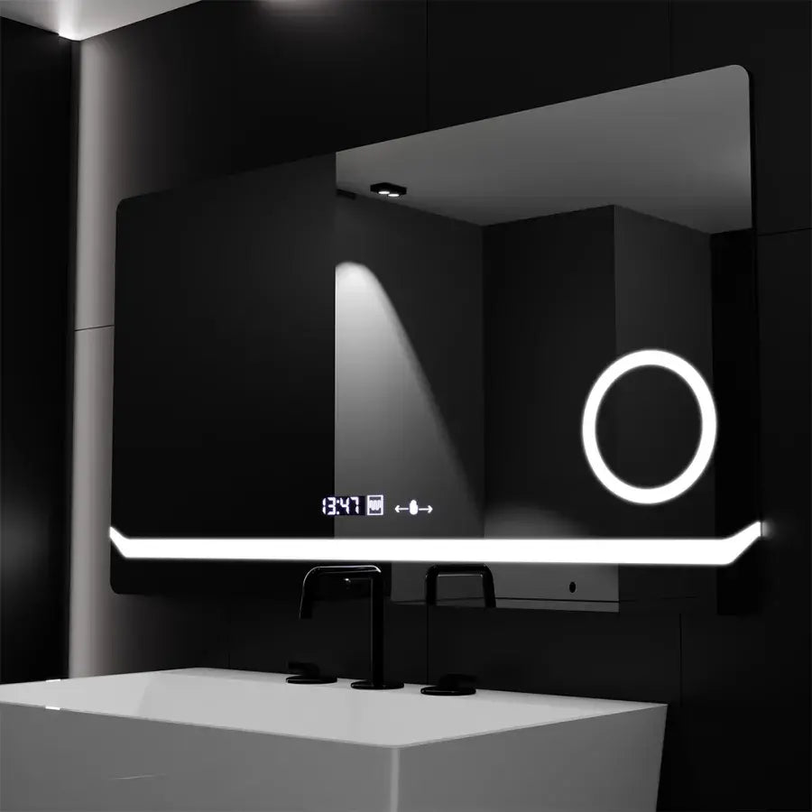 Négyszögletű LED-es tükör, 80x60 cm, Definition MotionGlow Marcello, páramentesítő rendszer, óra és hőmérő, kozmetikai nagyító, szabályozható tükrök Marcello alapértelmezett cím Alessandro Design