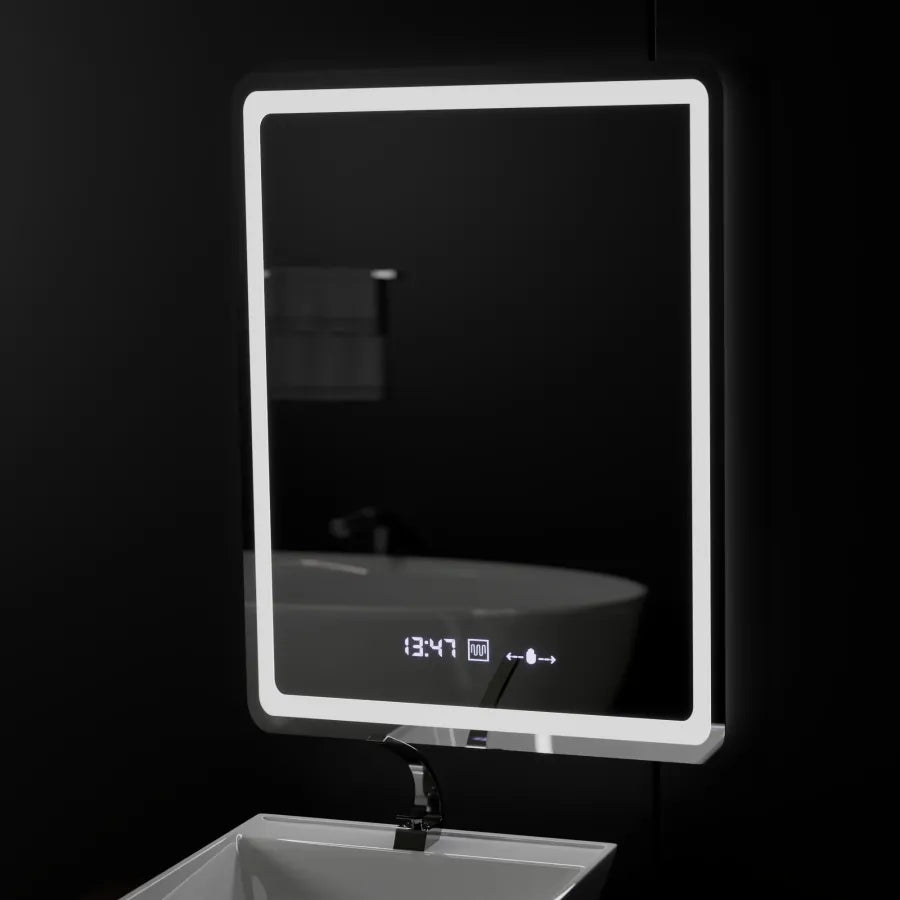Négyszögletű LED-es tükör, 60x80 cm, Wizz MotionGlow Marcello érzékelő, páramentesítő rendszer, óra és hőmérő, Dimabila tükrök Marcello alapértelmezett cím Alessandro Design