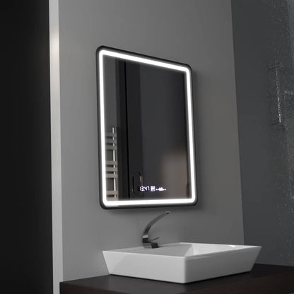 Téglalap alakú LED-es tükör, 75x90 cm, Favola MotionGlow Marcello, Páramentesítő rendszer, Óra és hőmérő, szabályozható