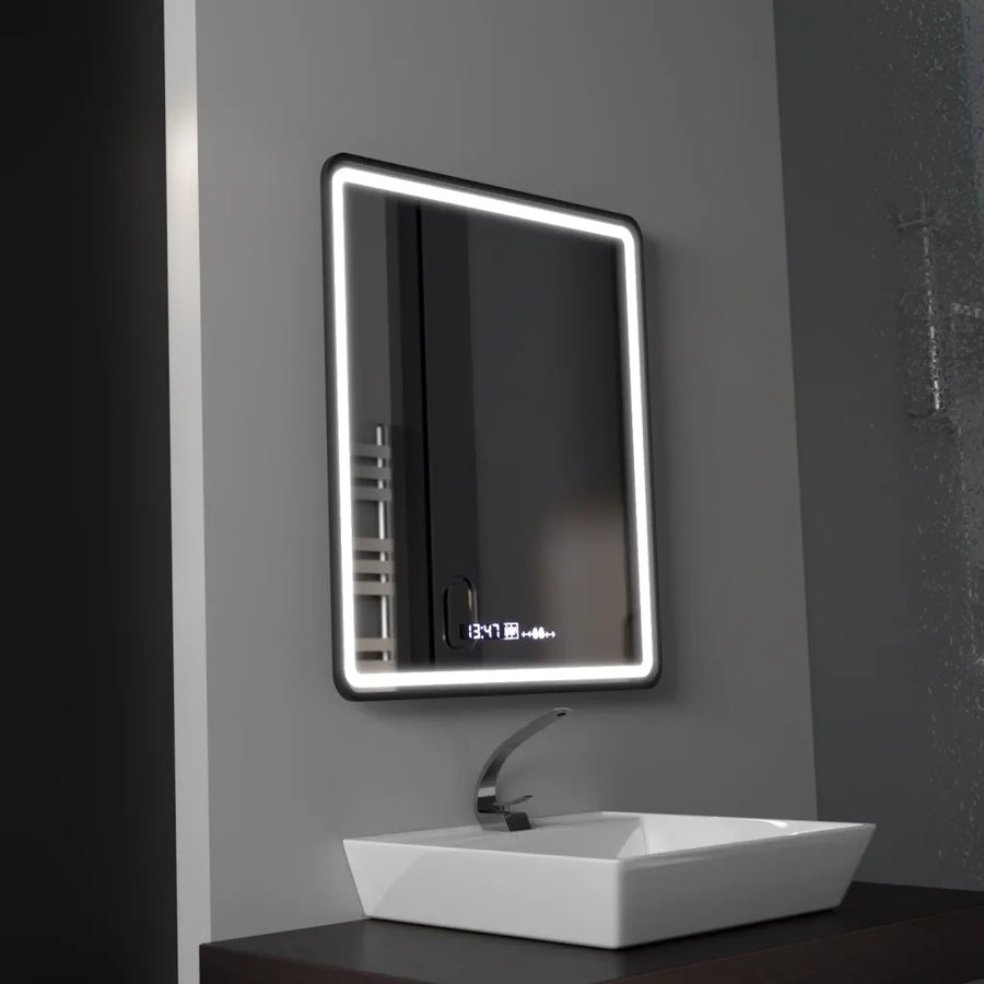 Téglalap alakú LED-es tükör, 75x90 cm, Favola MotionGlow Marcello, Páramentesítő rendszer, Óra és hőmérő, szabályozható