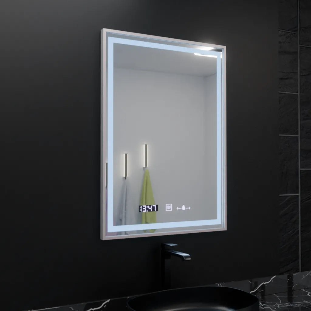 Négyszögletű LED-es tükör, 60x80 cm, Verite Imperial Silver Motion Glow Marcello, páramentesítő rendszer, óra és hőmérő, szabályozható tükrök Marcello alapértelmezett cím Alessandro Design