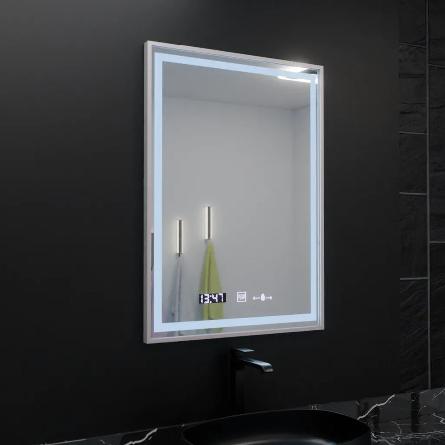 Négyszögletű LED-es tükör, 60x80 cm, Verite Imperial Silver Motion Glow Marcello, páramentesítő rendszer, óra és hőmérő, szabályozható tükrök Marcello alapértelmezett cím Alessandro Design