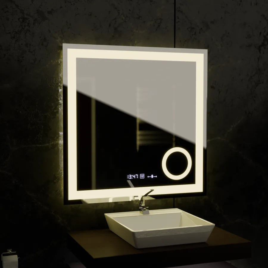 Négyszögletű LED-es tükör, 80x80 cm, Souverain MotionGlow Marcello, páramentesítő rendszer, óra és hőmérő, kozmetikai nagyító, szabályozható Marcello tükrök alapértelmezett cím Alessandro Design