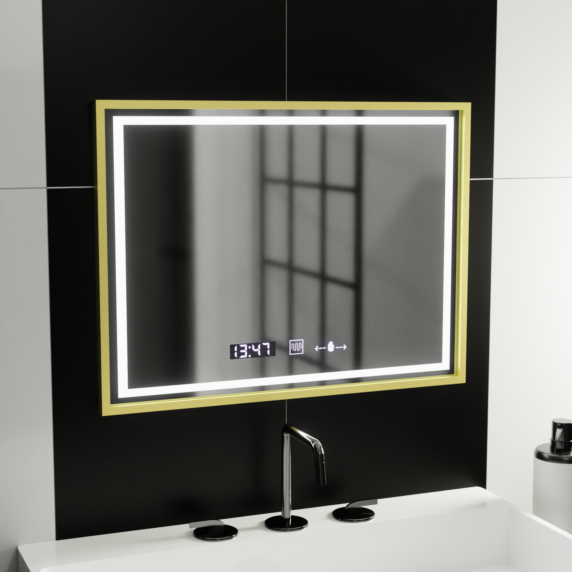 Téglalap alakú LED-es tükör, 80x60 cm, Verite Royale Gold MotionGlow Marcello, páramentesítő rendszer, óra és hőmérő, szabályozható tükrök Marcello alapértelmezett cím Alessandro Design