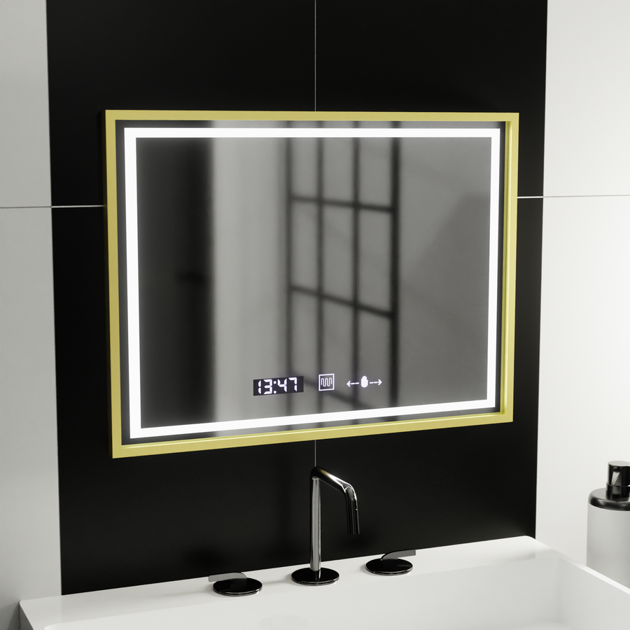 Téglalap alakú LED-es tükör, 80x60 cm, Verite Royale Gold MotionGlow Marcello, páramentesítő rendszer, óra és hőmérő, szabályozható tükrök Marcello alapértelmezett cím Alessandro Design