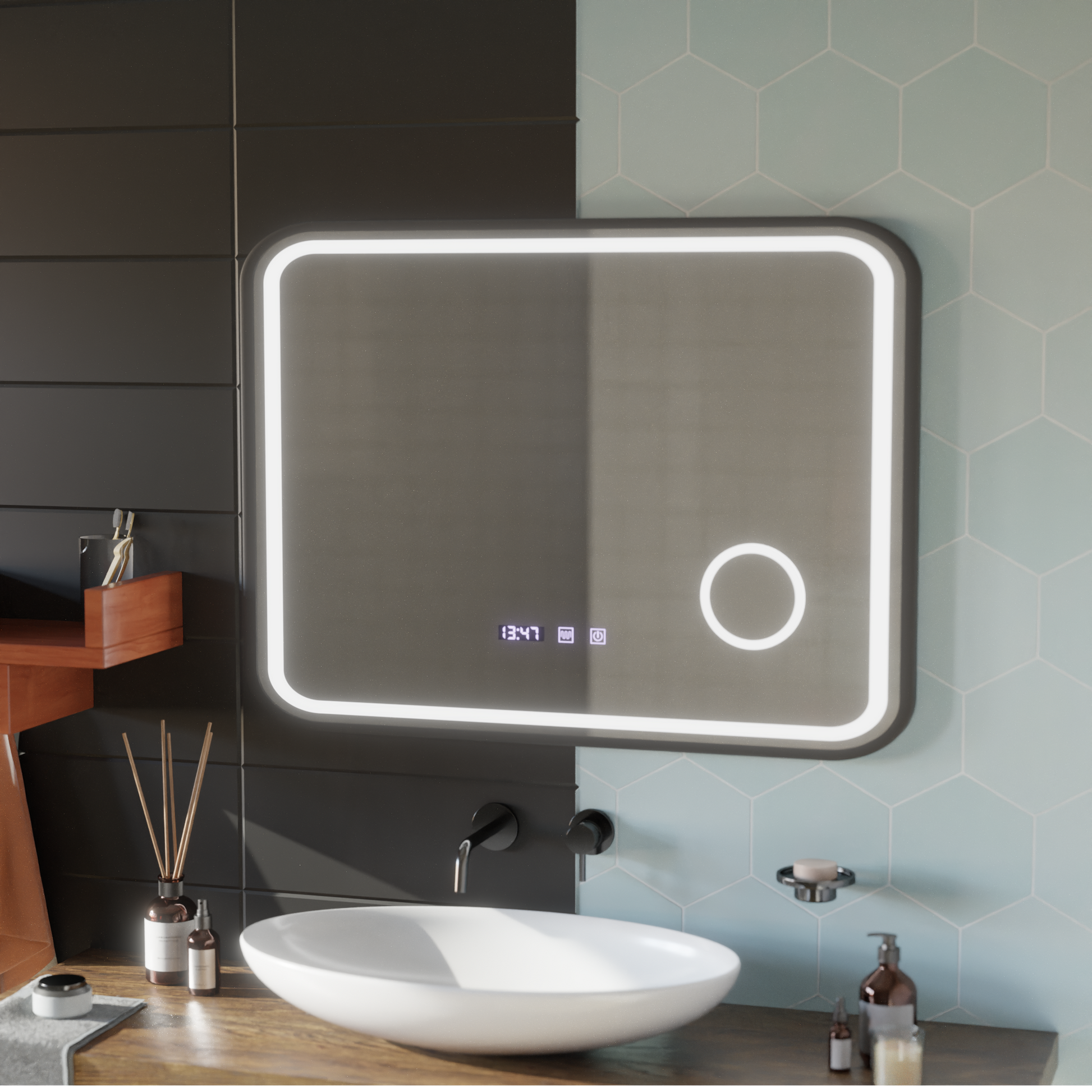 LED Touch Bernd Mirror páramentesítő rendszer, óra és hőmérséklet 80x60 cm fekete keret szálcsiszolt kozmetikai nagyító tükrök Korman S alapértelmezett cím Alessandro Design