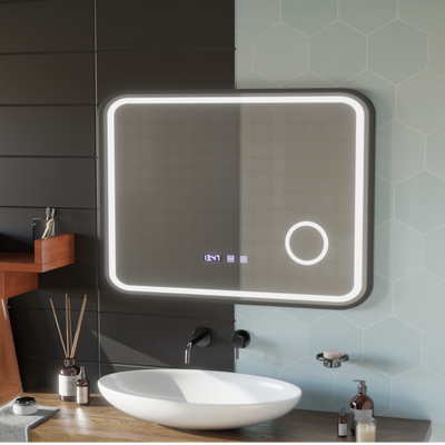 Bernd LED Touch Mirror páramentesítő rendszer, óra és hőmérséklet 80x60 cm szálcsiszolt fekete keretű kozmetikai nagyító