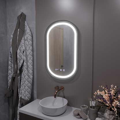 Helmut LED Touch Mirror páramentesítő rendszer, óra és hőmérséklet 50x80 cm fekete keret szálcsiszolt Marcello Funghi