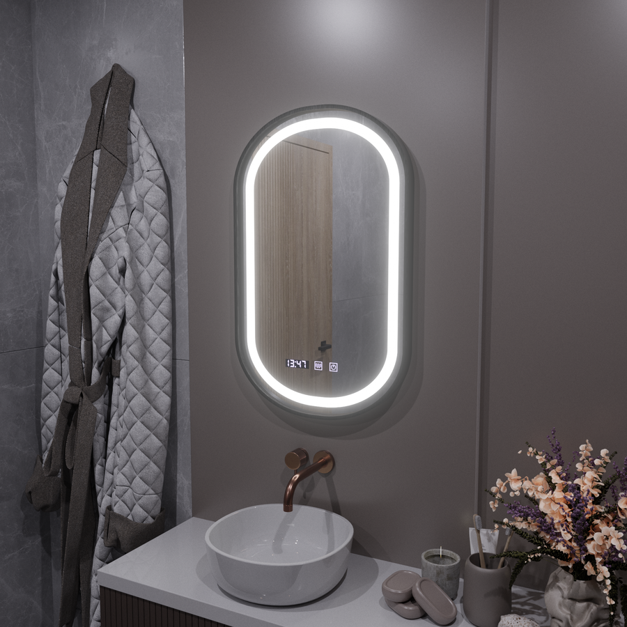 Helmut LED Touch Mirror páramentesítő rendszer, óra és hőmérséklet 50x80 cm fekete keret szálcsiszolt Marcello Funghi