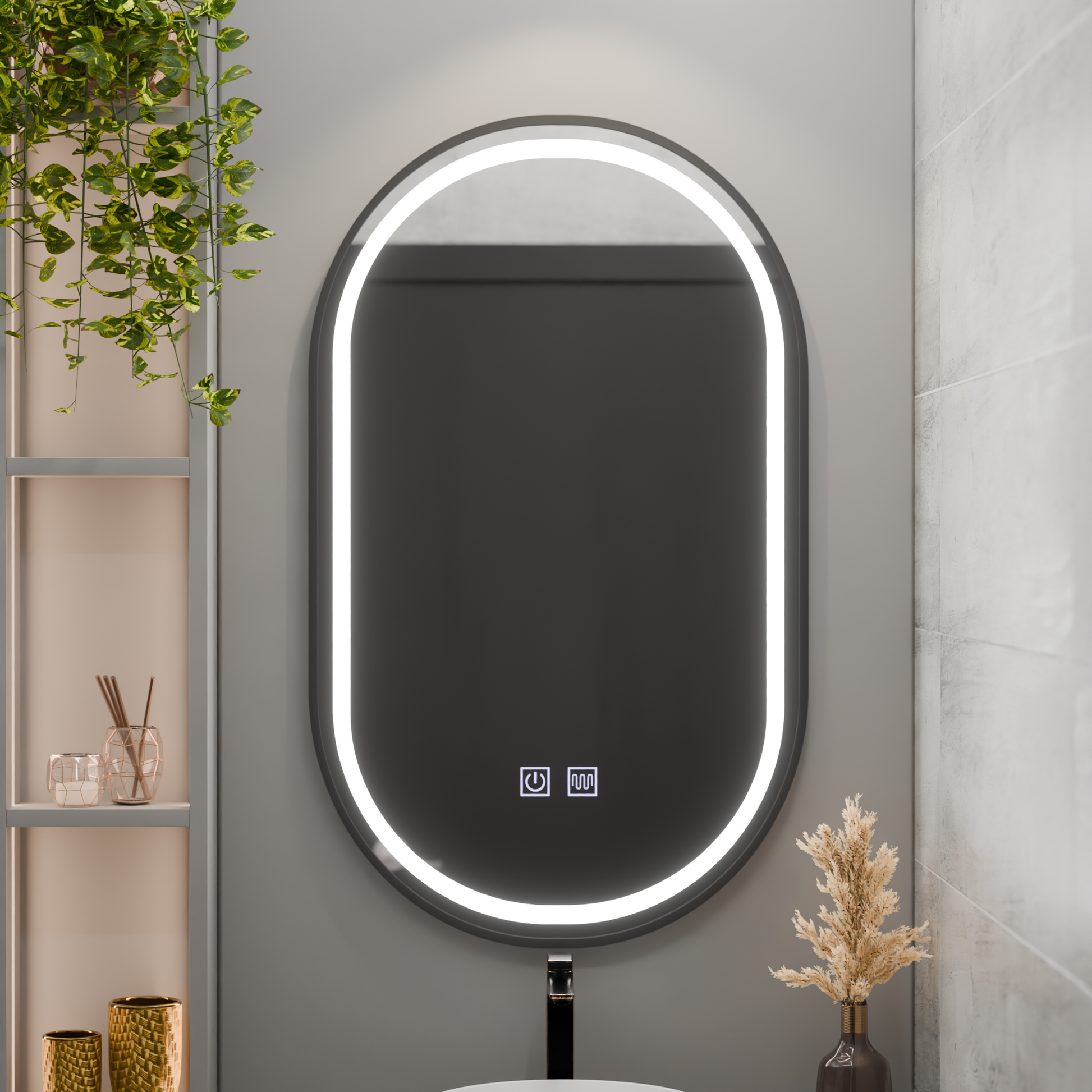 Ovális LED-es tükör 50x100cm VETRO Touch fényerő-mentesítő páramentesítő rendszer, fekete keret Korman Mirrors E Alapértelmezett cím Alessandro Design