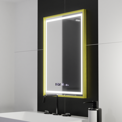 Négyszögletű LED tükör, 50x70 cm, Verite Royale Gold Motion Glow Marcello, páramentesítő rendszer, óra és hőmérő, szabályozható