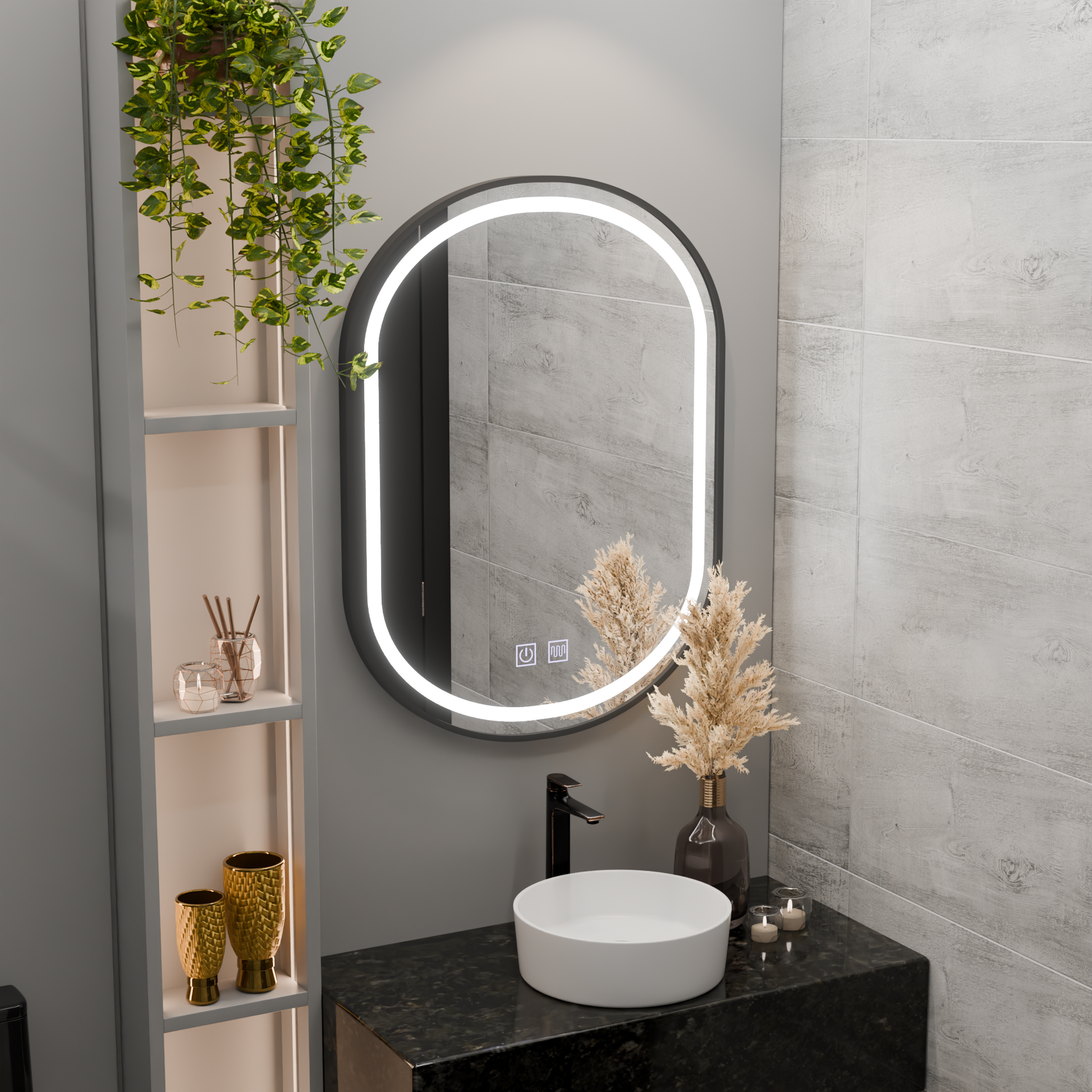 Ovális LED tükör 50x80cm VETRO Touch szabályozható páramentesítő rendszer, fekete keret Korman Mirrors E Alapértelmezett cím Alessandro Design