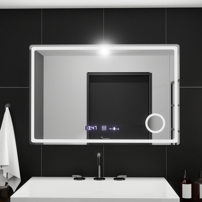 Téglalap alakú LED -tükör, 90x60 cm, velúr mozgásgátló marcello, helyettes rendszer, óra és hőmérő, kozmetikai lup