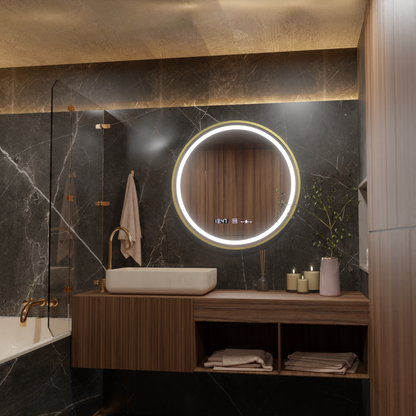 LED-es kerek tükör, 80 cm, Celeste Royale Gold MotionGlow Marcello, páramentesítő rendszer, óra és hőmérő, szabályozható tükrök Marcello alapértelmezett cím Alessandro Design