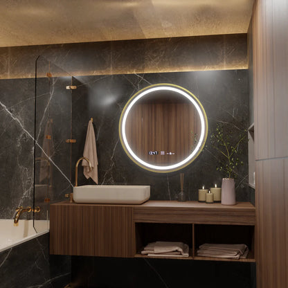 Kerek LED-es tükör, 60 cm, Celeste Royale Gold Eleve MotionGlow Marcello, páramentesítő rendszer, óra és hőmérő, szabályozható, levehető szíj Marcello tükrök alapértelmezett cím Alessandro Design