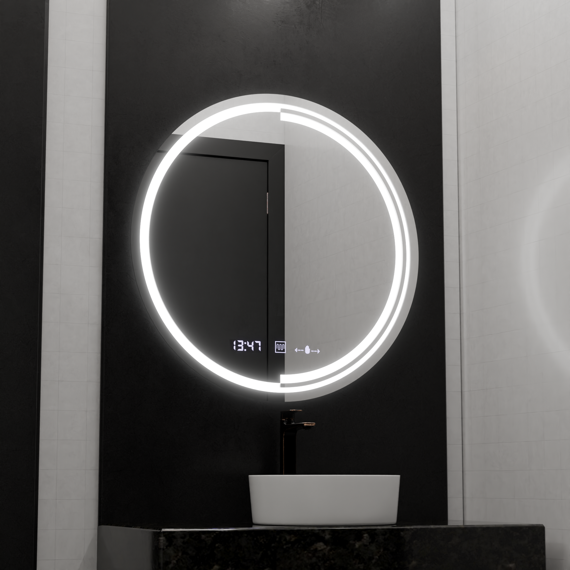 LED kerek tükör, 60 cm, MotionGlow Sensor Consuel Marcello, páramentesítő rendszer, óra és hőmérő, szabályozható tükrök Marcello alapértelmezett cím Alessandro Design