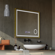 LED érintőképernyős CLARUS tükör páramentesítő rendszer, óra és hőmérséklet 80x60 cm arany keretben csiszolt kozmetikai nagyító tükrök Korman S alapértelmezett cím Alessandro Design