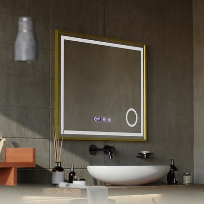 LED érintőképernyős CLARUS tükör páramentesítő rendszer, óra és hőmérséklet 80x60 cm arany keretben csiszolt kozmetikai nagyító tükrök Korman S alapértelmezett cím Alessandro Design