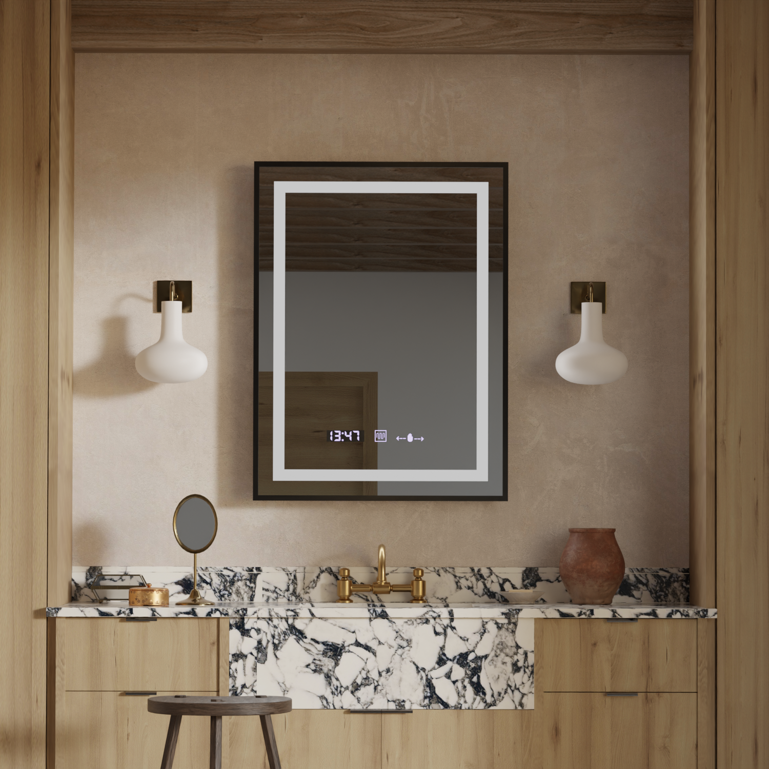 Négyszögletű LED-es tükör, 50x70 cm, Verite Majeste Noir Motion Glow Marcello, páramentesítő rendszer, óra és hőmérő, szabályozható tükrök Marcello alapértelmezett cím Alessandro Design