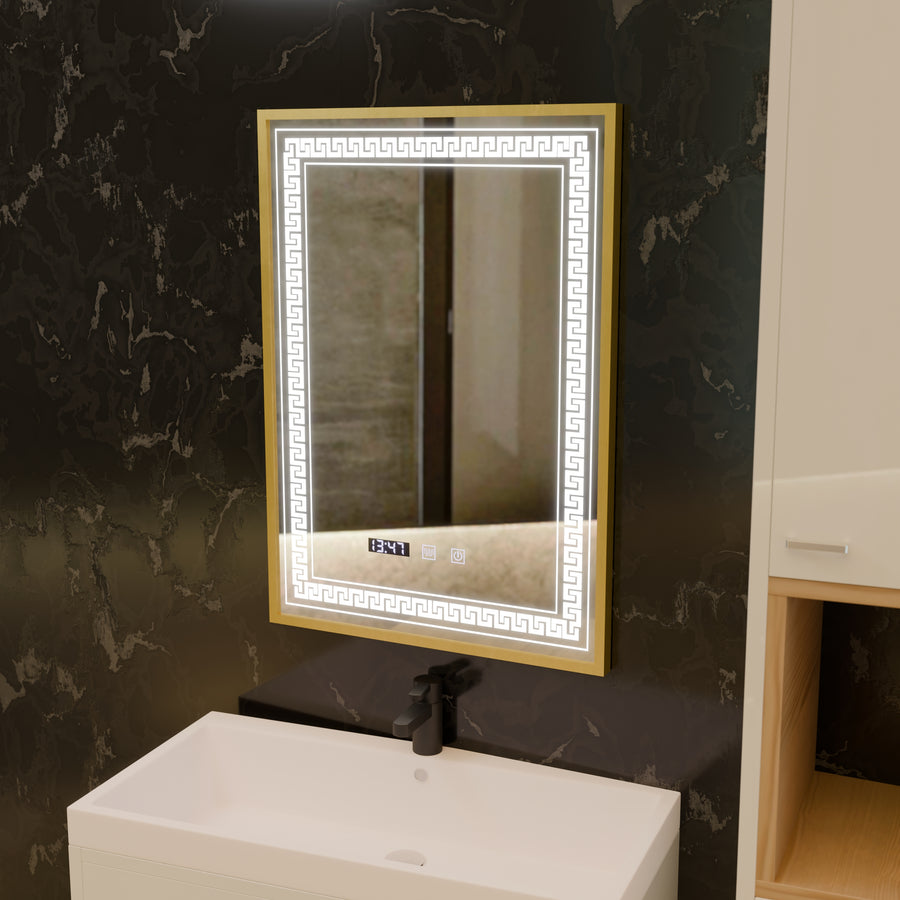 Mirror LED Touch Bruno páramentesítő rendszer, óra és hőmérséklet 60x80 cm szálcsiszolt arany keret, S84/60X80 tükrök Korman S alapértelmezett cím Alessandro Design