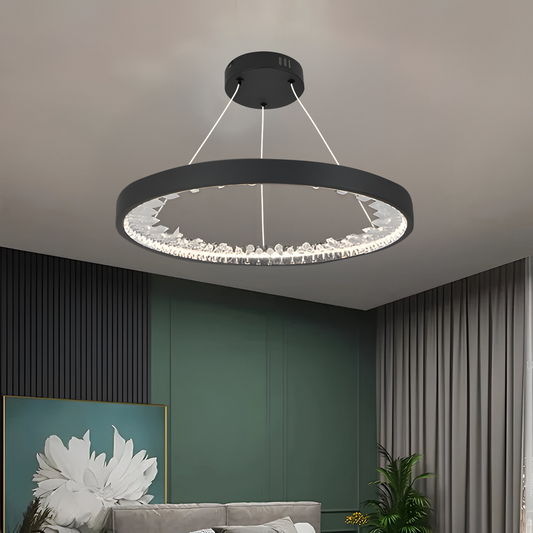 Lustra LED suspendata cu telecomanda, Cristale K9, 28W, 1 Cerc, lumina Rece/Calda/Neutra, Dimabila, Negru, Inaltime Reglabila Lustre Moderne Default Title Alessandro Design